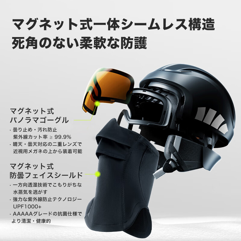 ヘルメットとゴーグル一体型のスキー用ヘルメット